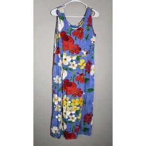 Vtg Jams World Midi Tank Dress Size Small Blue Delight Floral Hawaiian Pockets